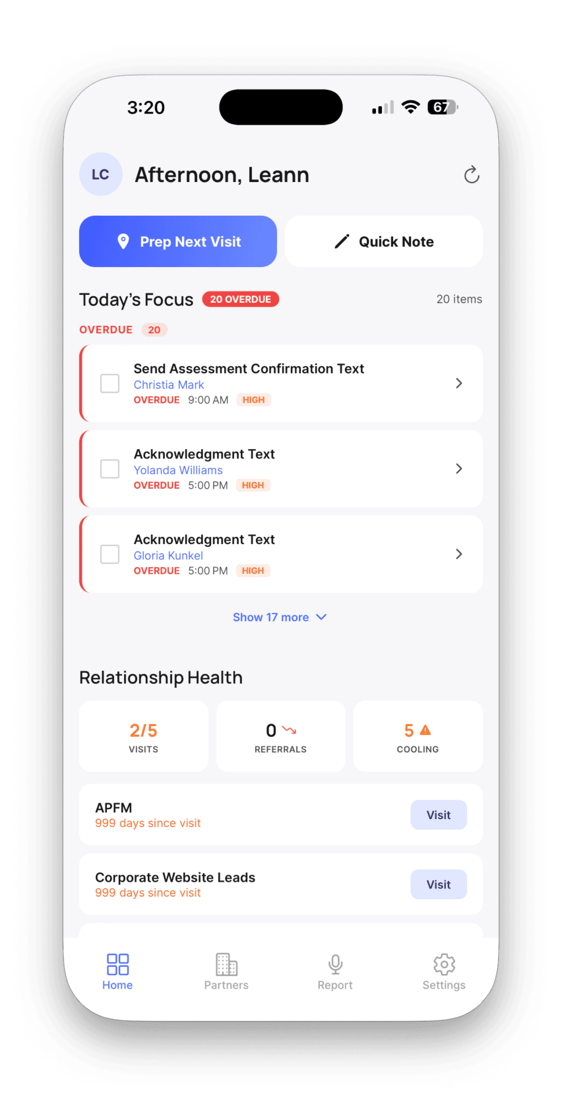 HomecareCopilot mobile home dashboard showing Today's Focus tasks, relationship health stats, and quick-access partner cards