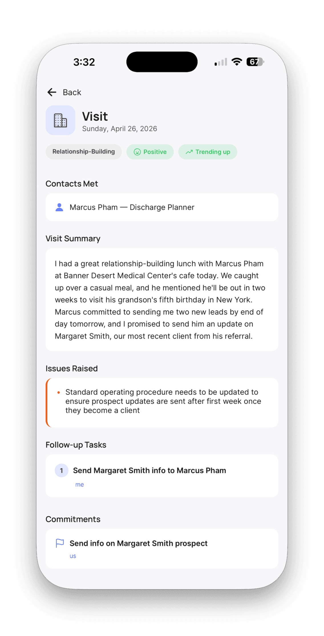 HomecareCopilot mobile app showing a structured visit summary with contacts met, follow-up tasks, and commitments extracted from a voice field report
