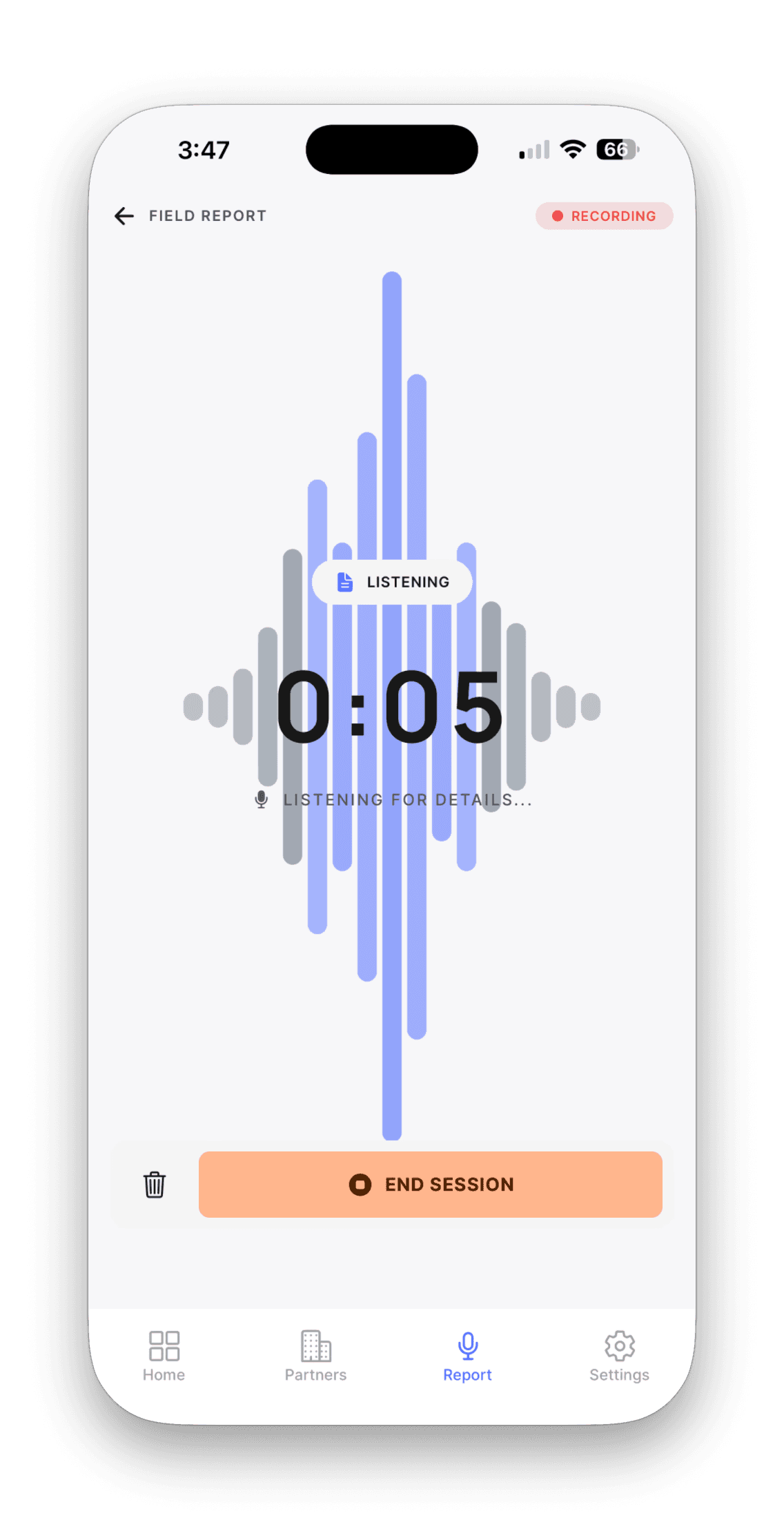 Liaison mobile app recording a voice field report