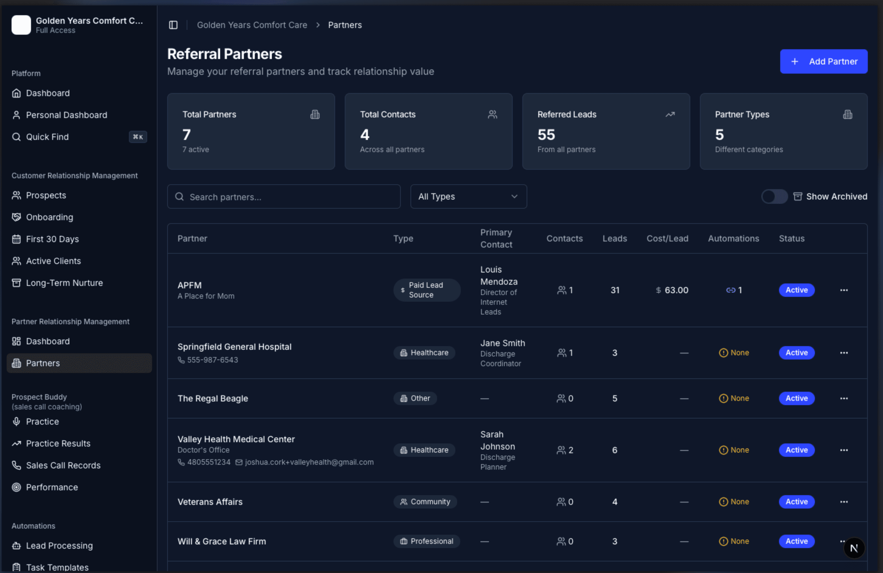 HomecareCopilot Partner Directory listing referral partners by type with health scores and lead counts